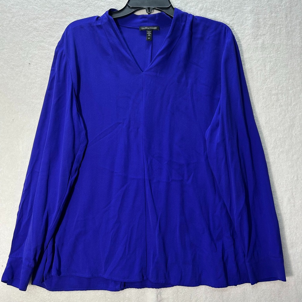 Eileen Fisher Womens Size S/P Blue V Neck Silk Blouse Top (L3)
